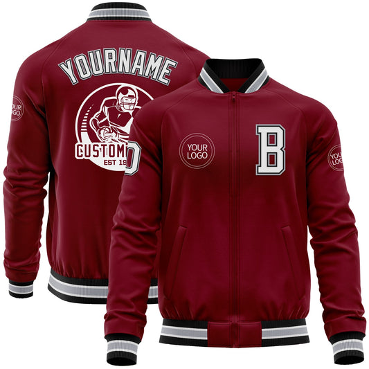 Custom Crimson Black-Gray Bomber Varsity Letterman Zipper Jacket - Main View