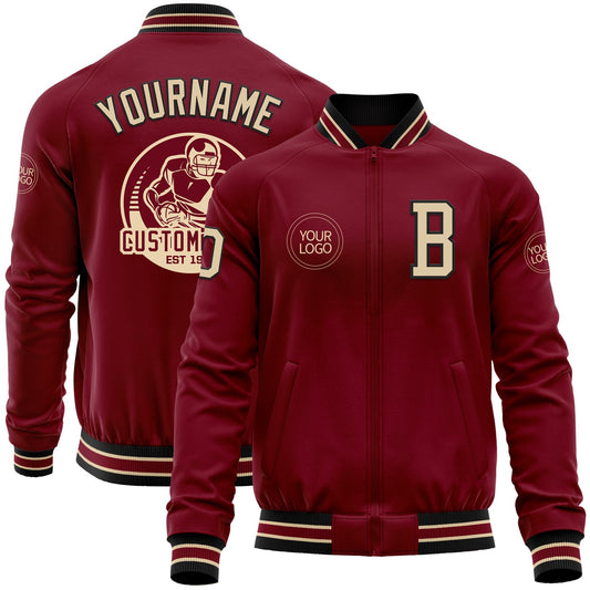 Custom Crimson City Cream-Black Bomber Varsity Letterman Zipper Jacket - Main View