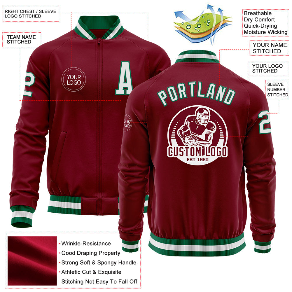 Custom Crimson White-Kelly Green Bomber Varsity Letterman Zipper Jacket view 4