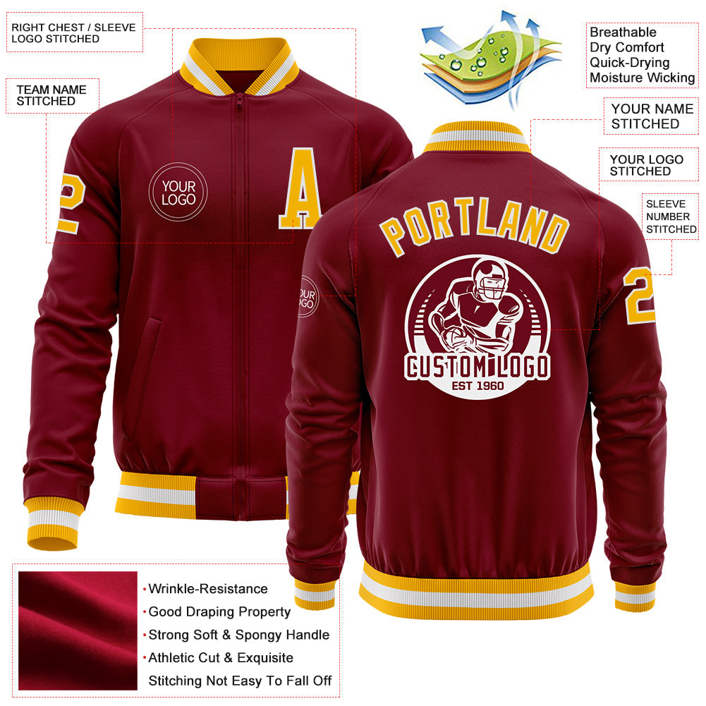 Custom Crimson Gold-White Bomber Varsity Letterman Zipper Jacket view 4