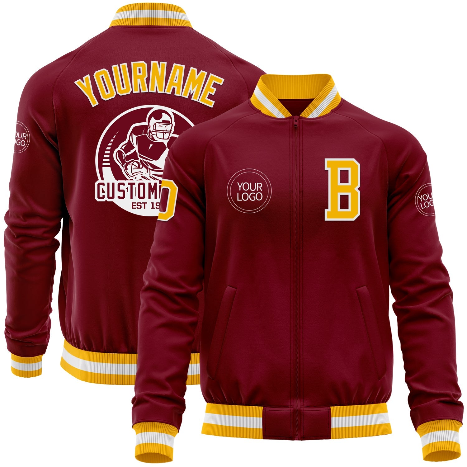 Custom Crimson Gold-White Bomber Varsity Letterman Zipper Jacket - Main View