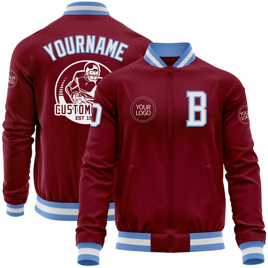 Custom Crimson White-Light Blue Bomber Varsity Letterman Zipper Jacket - Main View