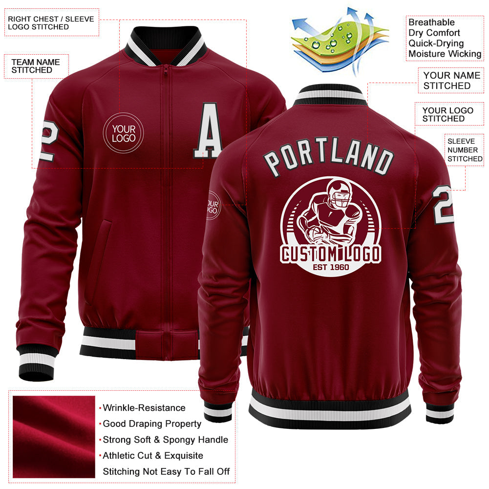 Custom Crimson White-Black Bomber Varsity Letterman Zipper Jacket view 4
