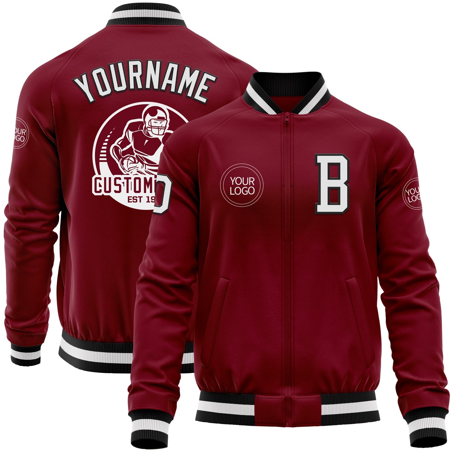 Custom Crimson White-Black Bomber Varsity Letterman Zipper Jacket - Main View