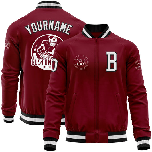 Custom Crimson White-Black Bomber Varsity Letterman Zipper Jacket - Main View