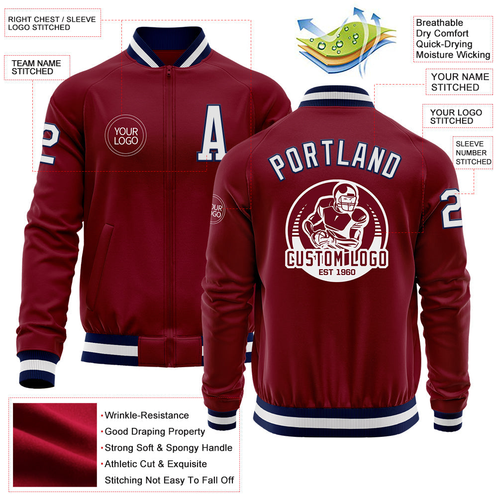 Custom Crimson White-Navy Bomber Varsity Letterman Zipper Jacket view 4
