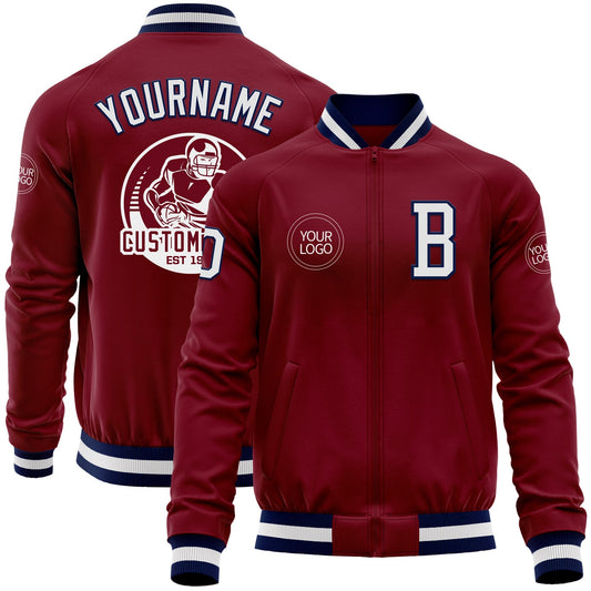 Custom Crimson White-Navy Bomber Varsity Letterman Zipper Jacket - Main View