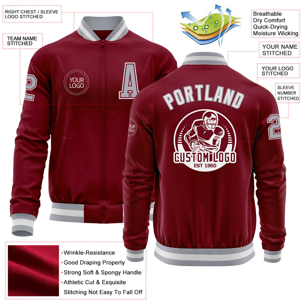 Custom Crimson Gray-White Bomber Varsity Letterman Zipper Jacket view 4
