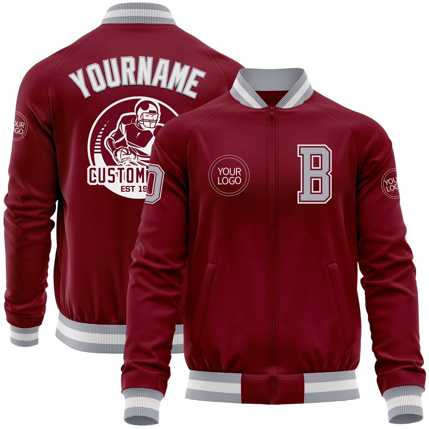 Custom Crimson Gray-White Bomber Varsity Letterman Zipper Jacket - Main View