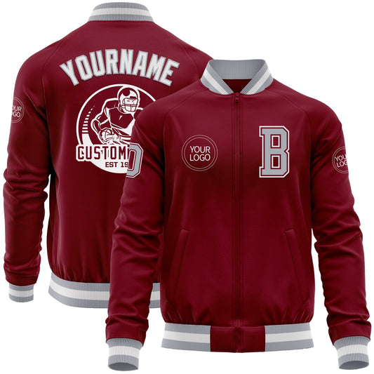 Custom Crimson Gray-White Bomber Varsity Letterman Zipper Jacket - Main View