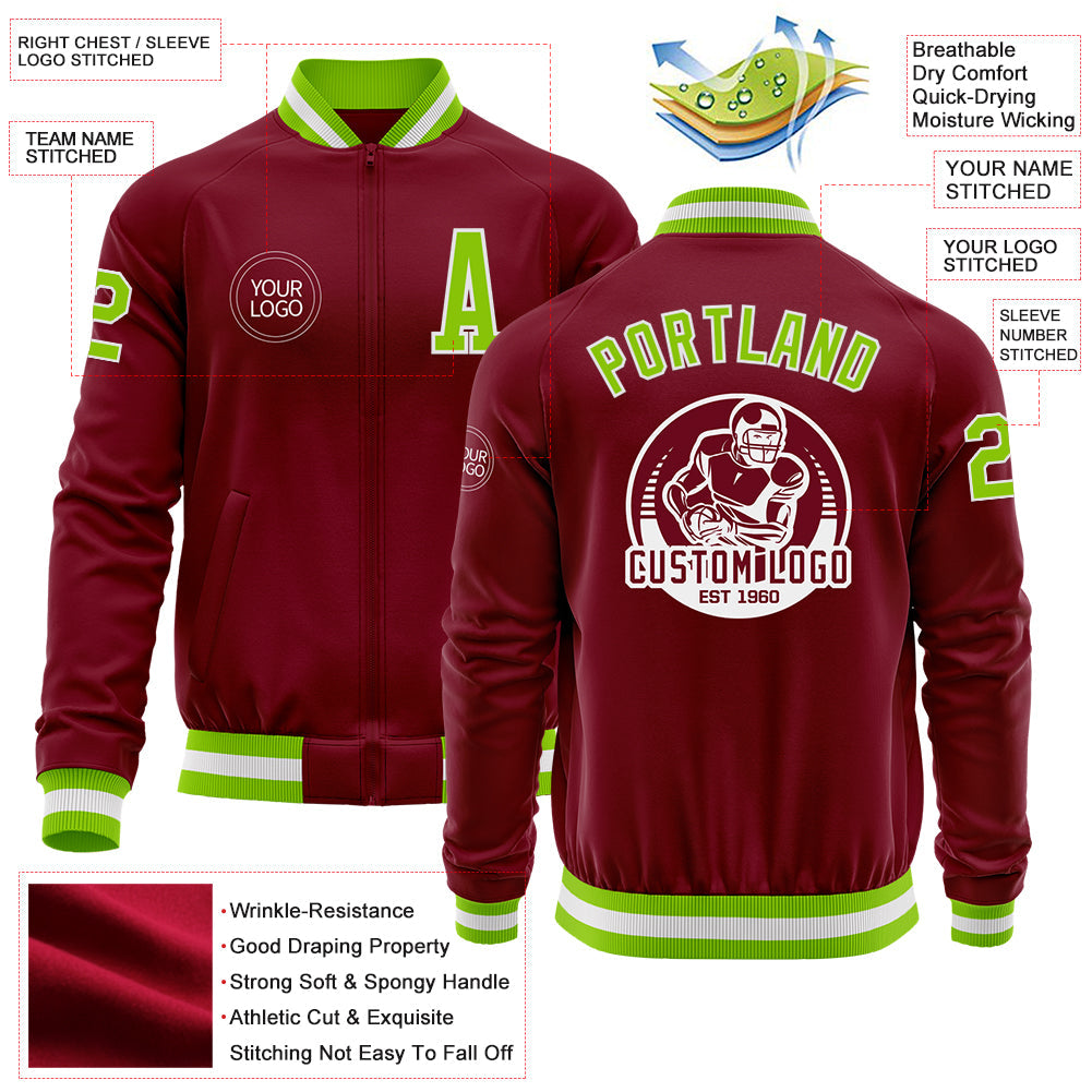 Custom Crimson Neon Green-White Bomber Varsity Letterman Zipper Jacket view 4