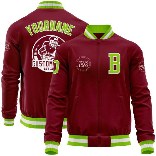 Custom Crimson Neon Green-White Bomber Varsity Letterman Zipper Jacket - Main View
