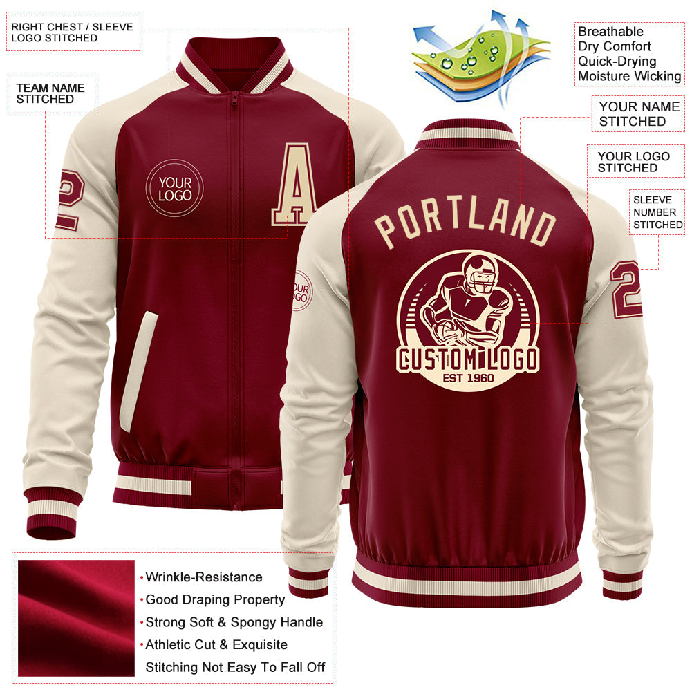 Custom Crimson Cream-Maroon Bomber Varsity Letterman Two Tone Zipper Jacket view 4