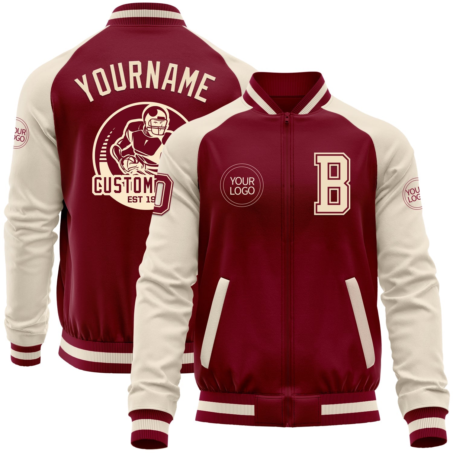 Custom Crimson Cream-Maroon Bomber Varsity Letterman Two Tone Zipper Jacket - Main View