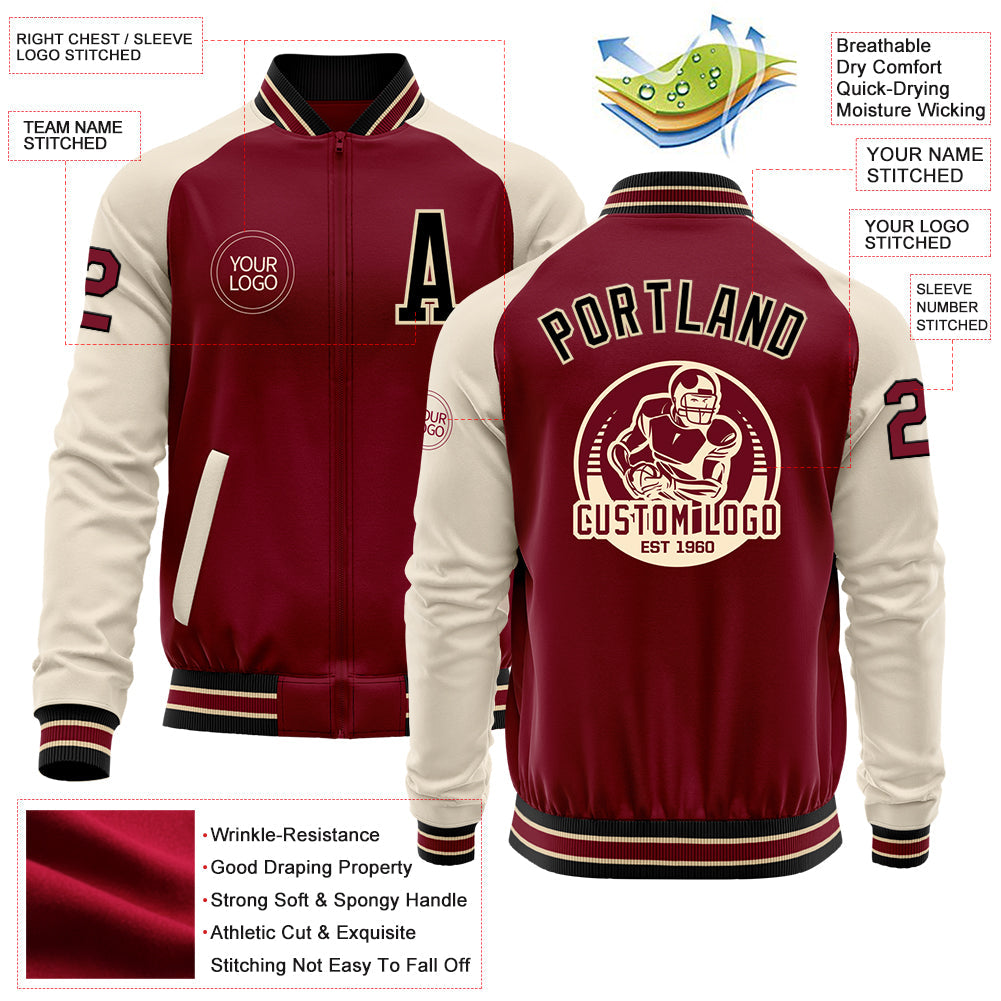 Custom Crimson Black Cream-City Cream Bomber Varsity Letterman Two Tone Zipper Jacket view 4
