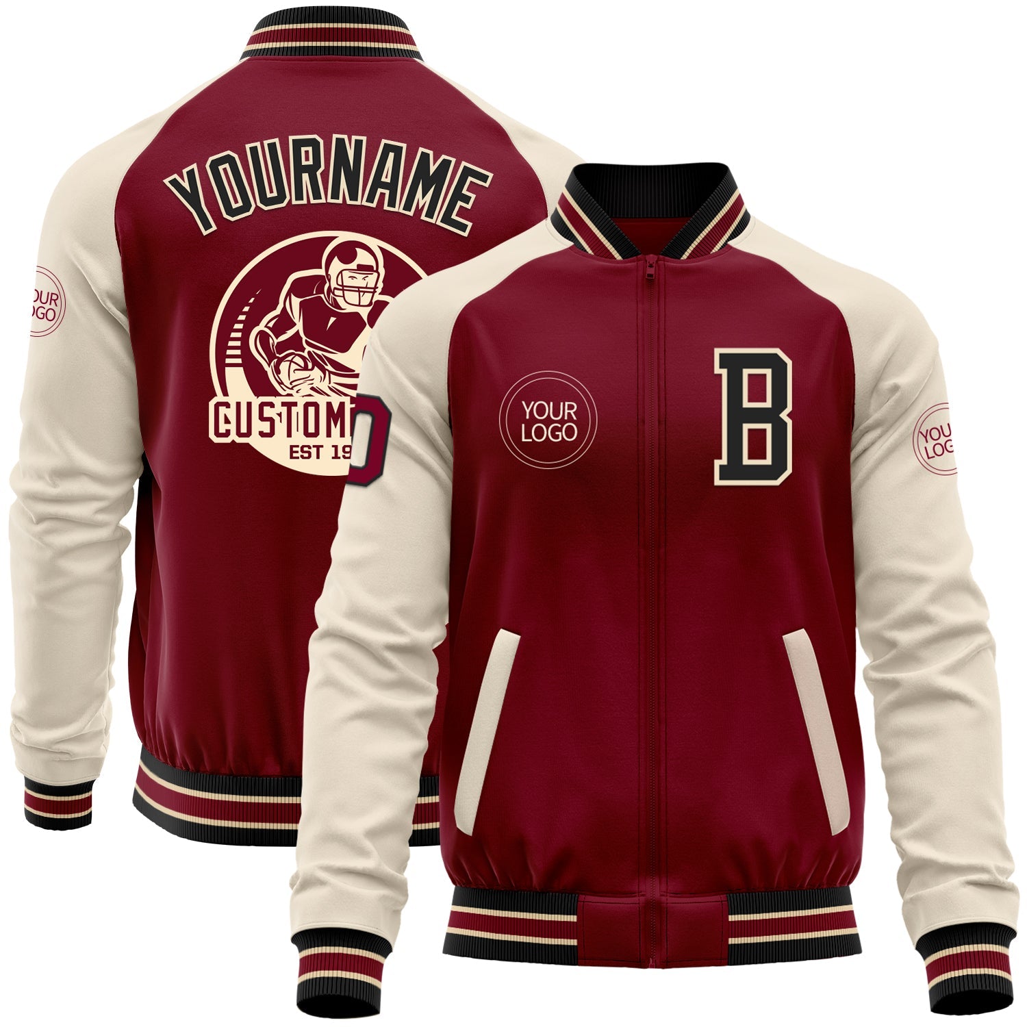 Custom Crimson Black Cream-City Cream Bomber Varsity Letterman Two Tone Zipper Jacket - Main View