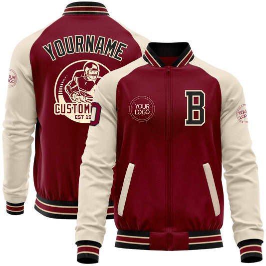 Custom Crimson Black Cream-City Cream Bomber Varsity Letterman Two Tone Zipper Jacket - Main View