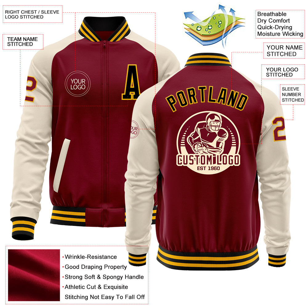 Custom Crimson Black-Gold Bomber Varsity Letterman Two Tone Zipper Jacket view 4