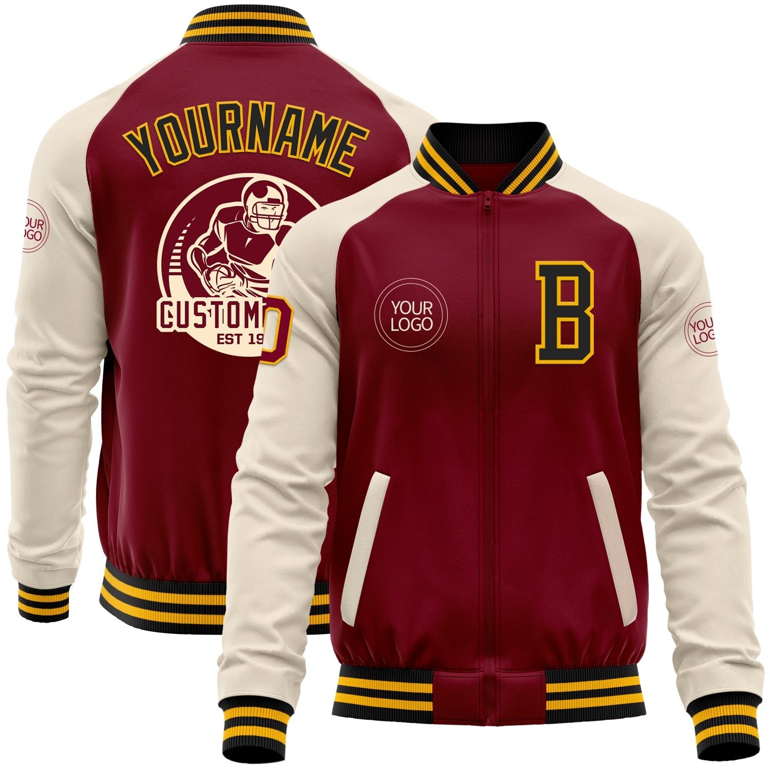 Custom Crimson Black-Gold Bomber Varsity Letterman Two Tone Zipper Jacket - Main View