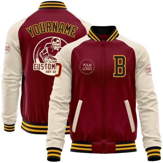 Custom Crimson Black-Gold Bomber Varsity Letterman Two Tone Zipper Jacket - Main View