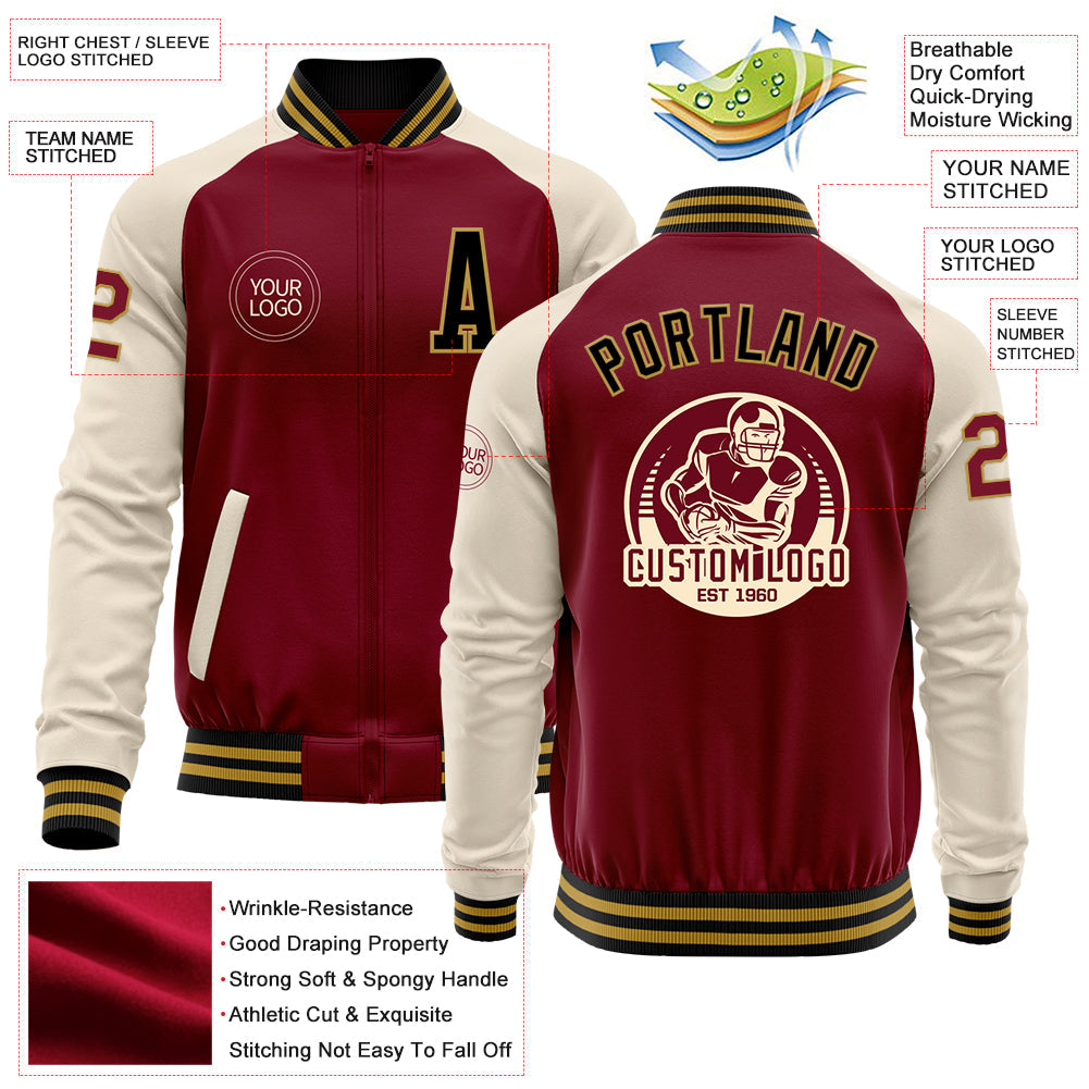 Custom Crimson Black Old Gold-Cream Bomber Varsity Letterman Two Tone Zipper Jacket view 4