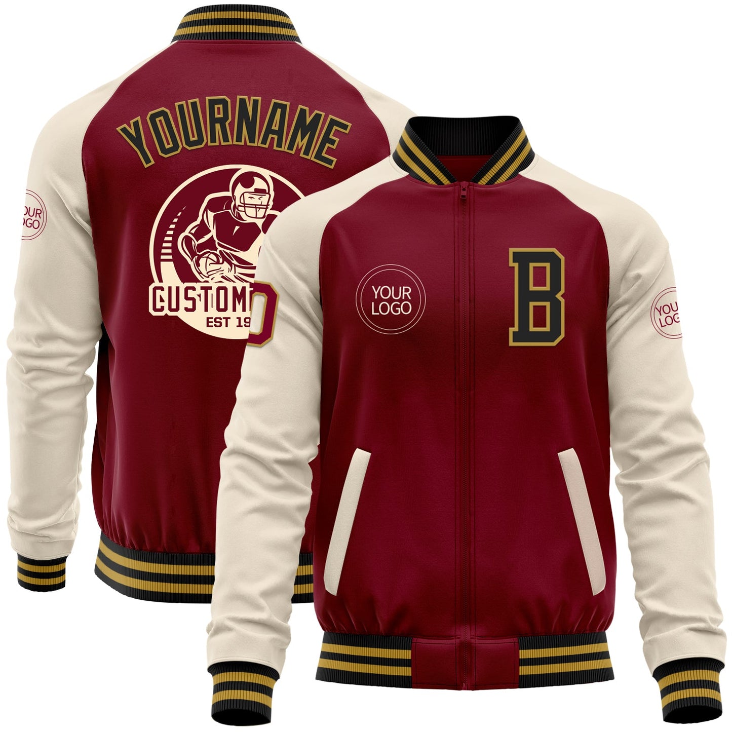 Custom Crimson Black Old Gold-Cream Bomber Varsity Letterman Two Tone Zipper Jacket - Main View