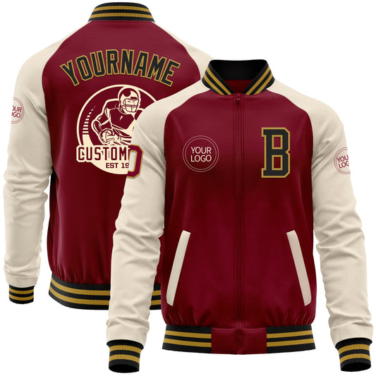 Custom Crimson Black Old Gold-Cream Bomber Varsity Letterman Two Tone Zipper Jacket - Main View