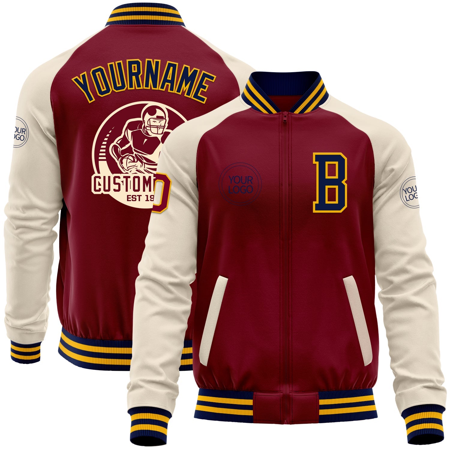 Custom Crimson Navy Gold-Cream Bomber Varsity Letterman Two Tone Zipper Jacket - Main View