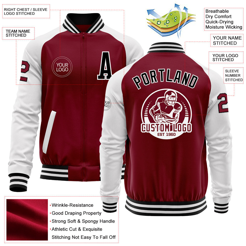 Custom Crimson Black-White Bomber Varsity Letterman Two Tone Zipper Jacket view 4