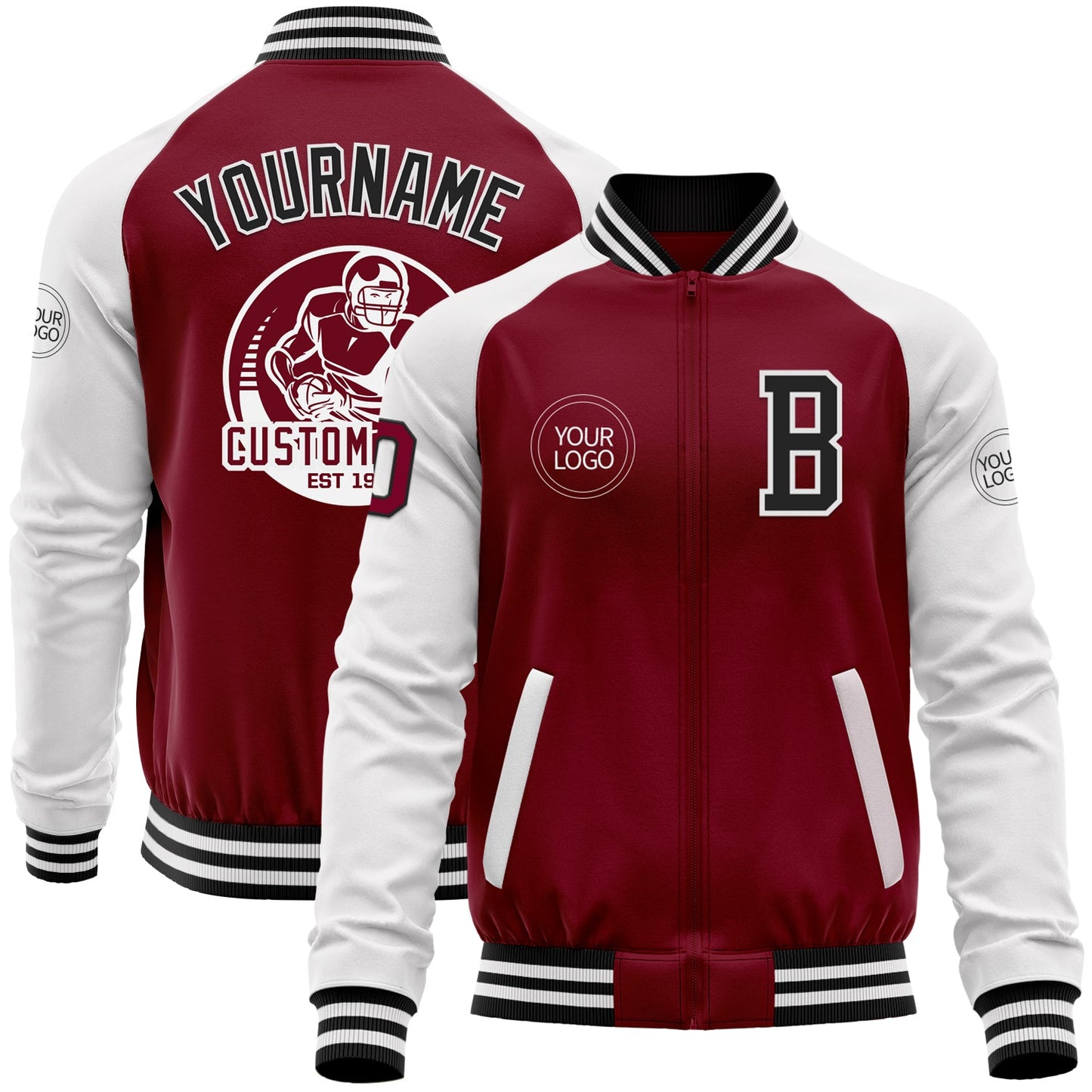 Custom Crimson Black-White Bomber Varsity Letterman Two Tone Zipper Jacket - Main View