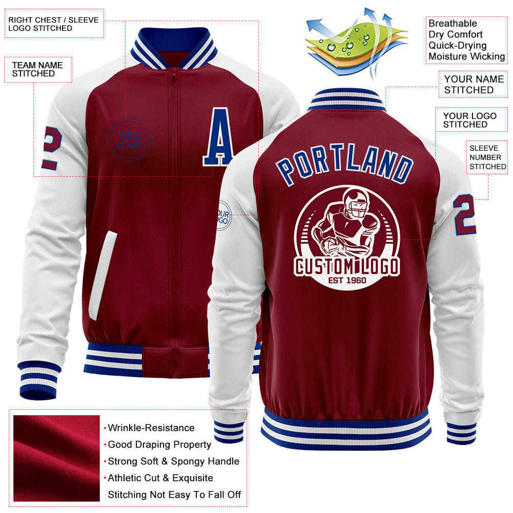 Custom Crimson Royal-White Bomber Varsity Letterman Two Tone Zipper Jacket view 4