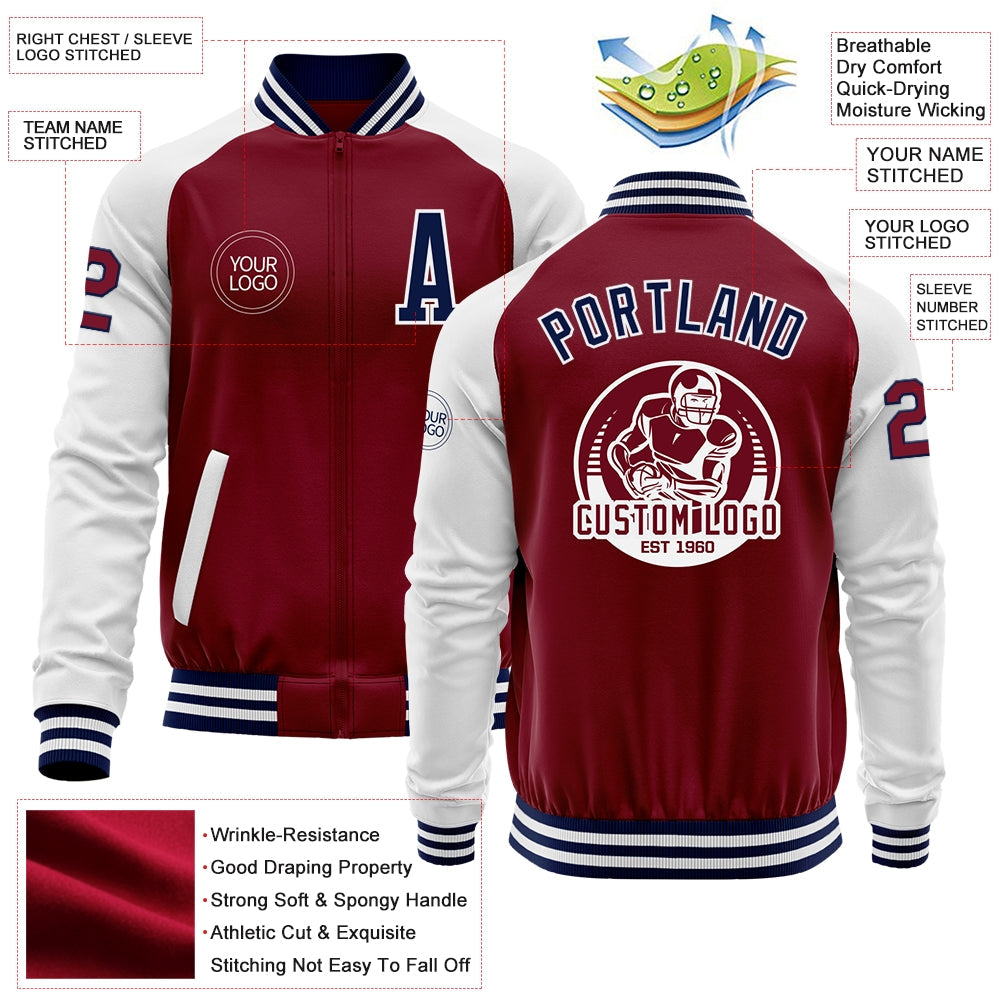 Custom Crimson Navy-White Bomber Varsity Letterman Two Tone Zipper Jacket view 4