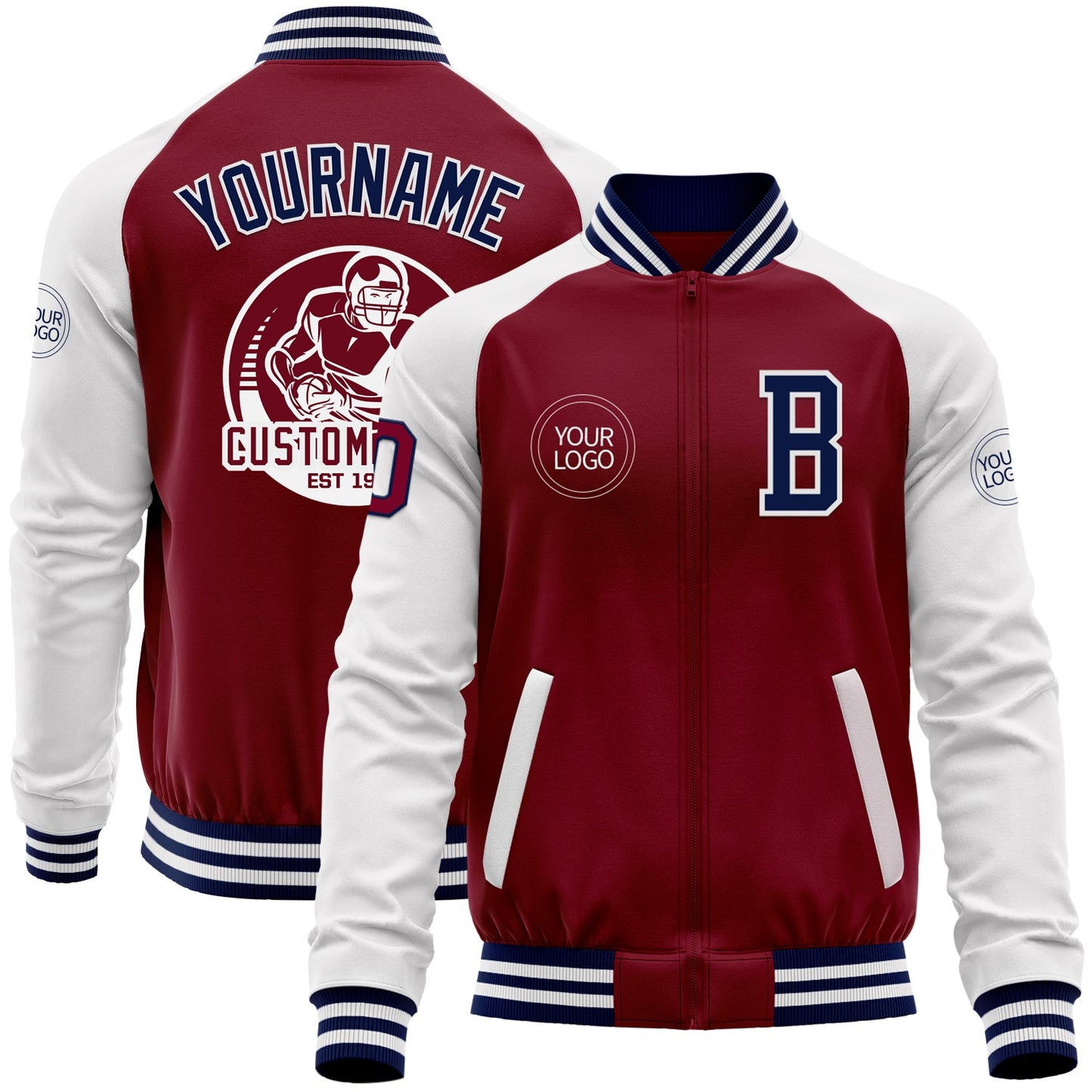 Custom Crimson Navy-White Bomber Varsity Letterman Two Tone Zipper Jacket - Main View