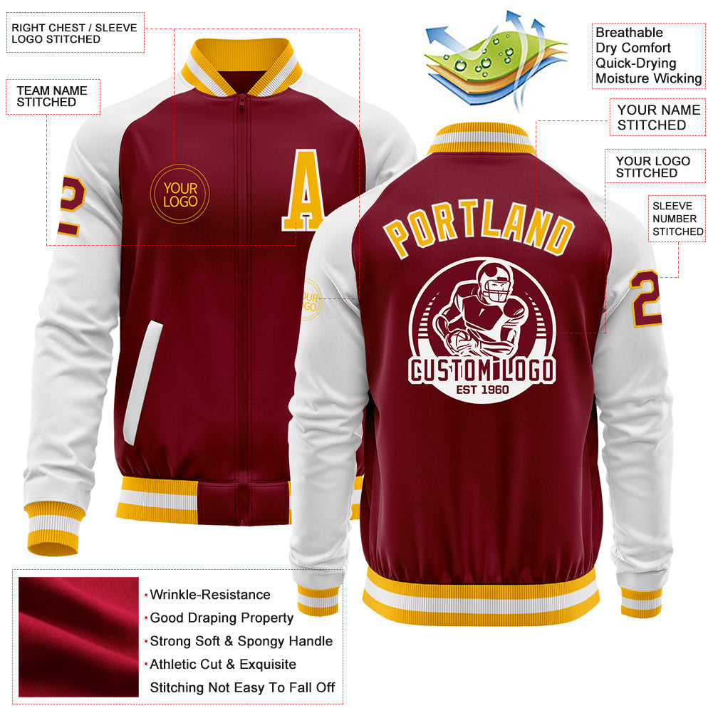 Custom Crimson Gold-White Bomber Varsity Letterman Two Tone Zipper Jacket view 4