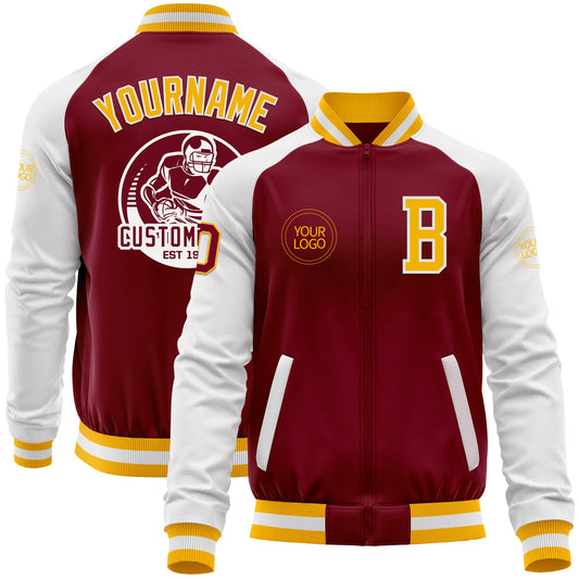 Custom Crimson Gold-White Bomber Varsity Letterman Two Tone Zipper Jacket - Main View