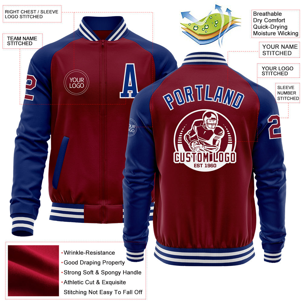 Custom Crimson Royal-White Bomber Varsity Letterman Two Tone Zipper Jacket view 4