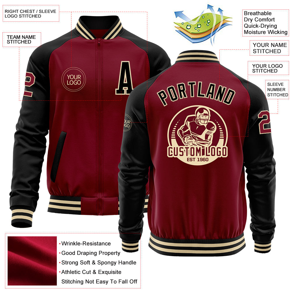 Custom Crimson Black-Cream Bomber Varsity Letterman Two Tone Zipper Jacket view 4