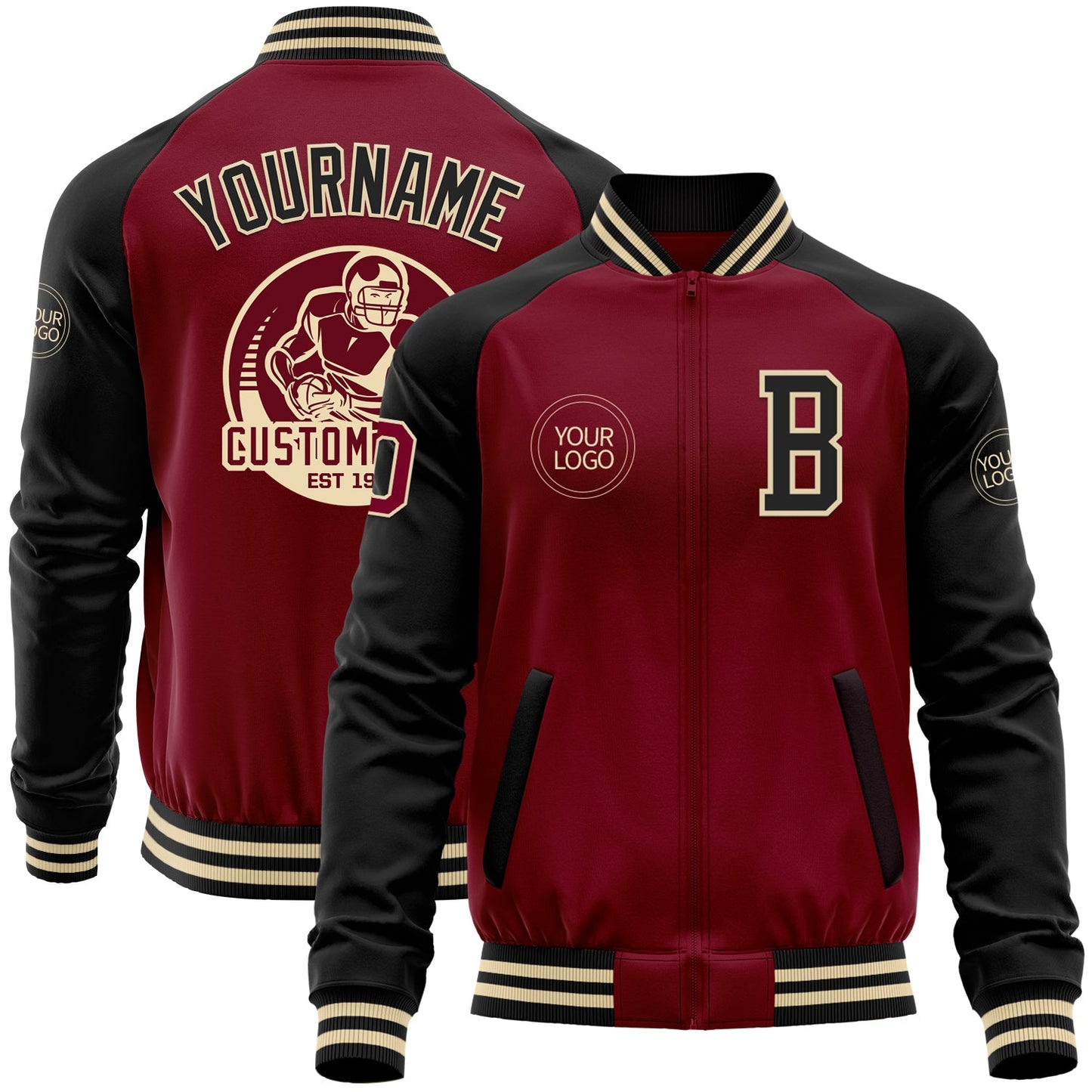 Custom Crimson Black-Cream Bomber Varsity Letterman Two Tone Zipper Jacket - Main View