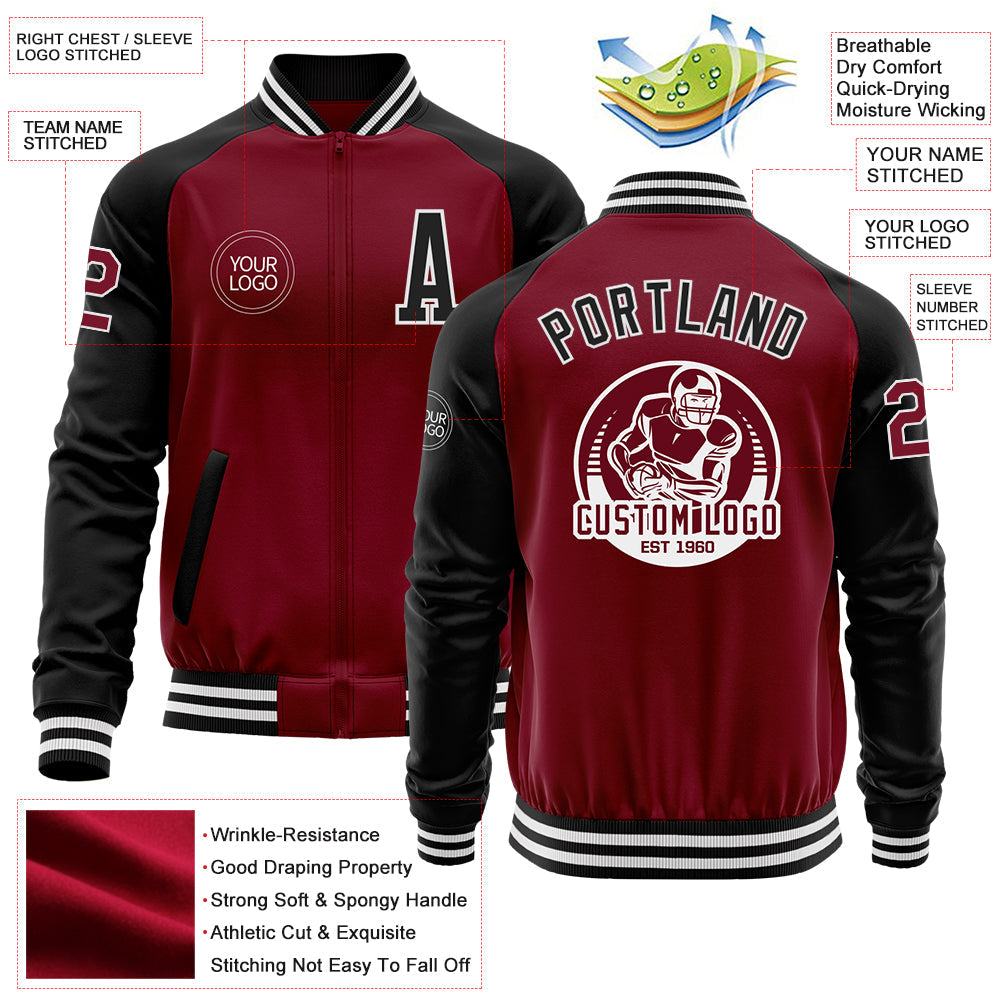 Custom Crimson Black-White Bomber Varsity Letterman Two Tone Zipper Jacket view 4