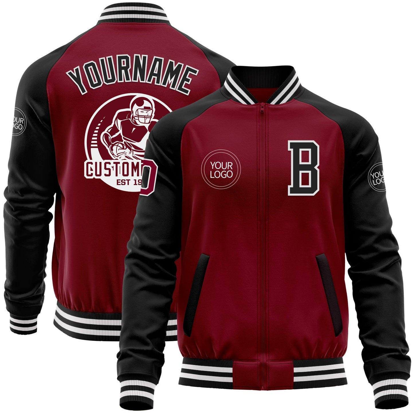 Custom Crimson Black-White Bomber Varsity Letterman Two Tone Zipper Jacket - Main View