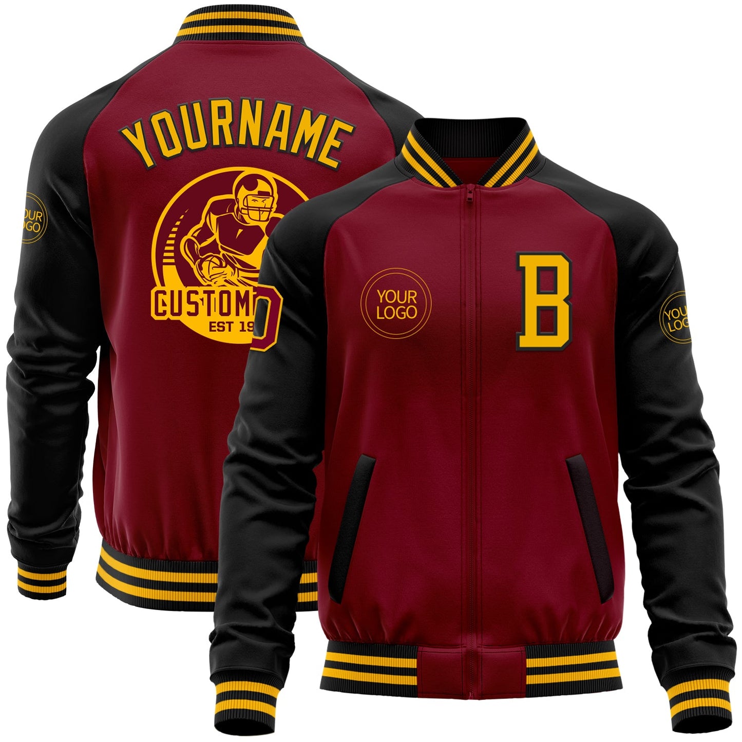 Custom Crimson Gold-Black Bomber Varsity Letterman Two Tone Zipper Jacket - Main View