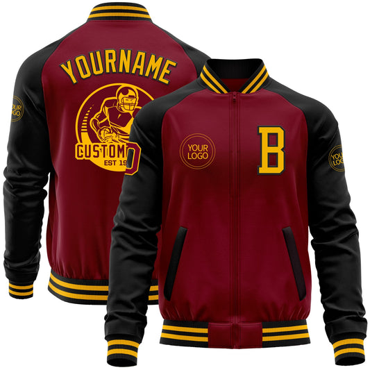 Custom Crimson Gold-Black Bomber Varsity Letterman Two Tone Zipper Jacket - Main View