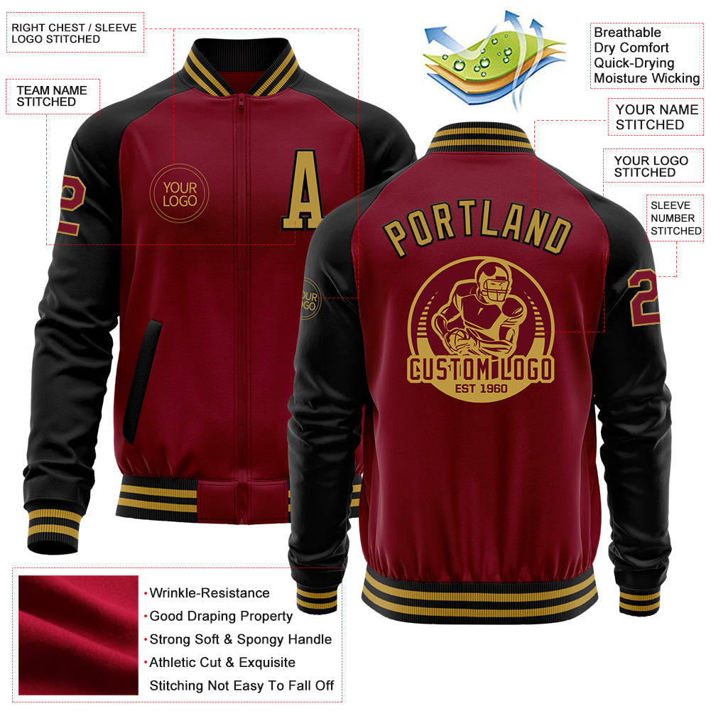 Custom Crimson Old Gold-Black Bomber Varsity Letterman Two Tone Zipper Jacket view 4