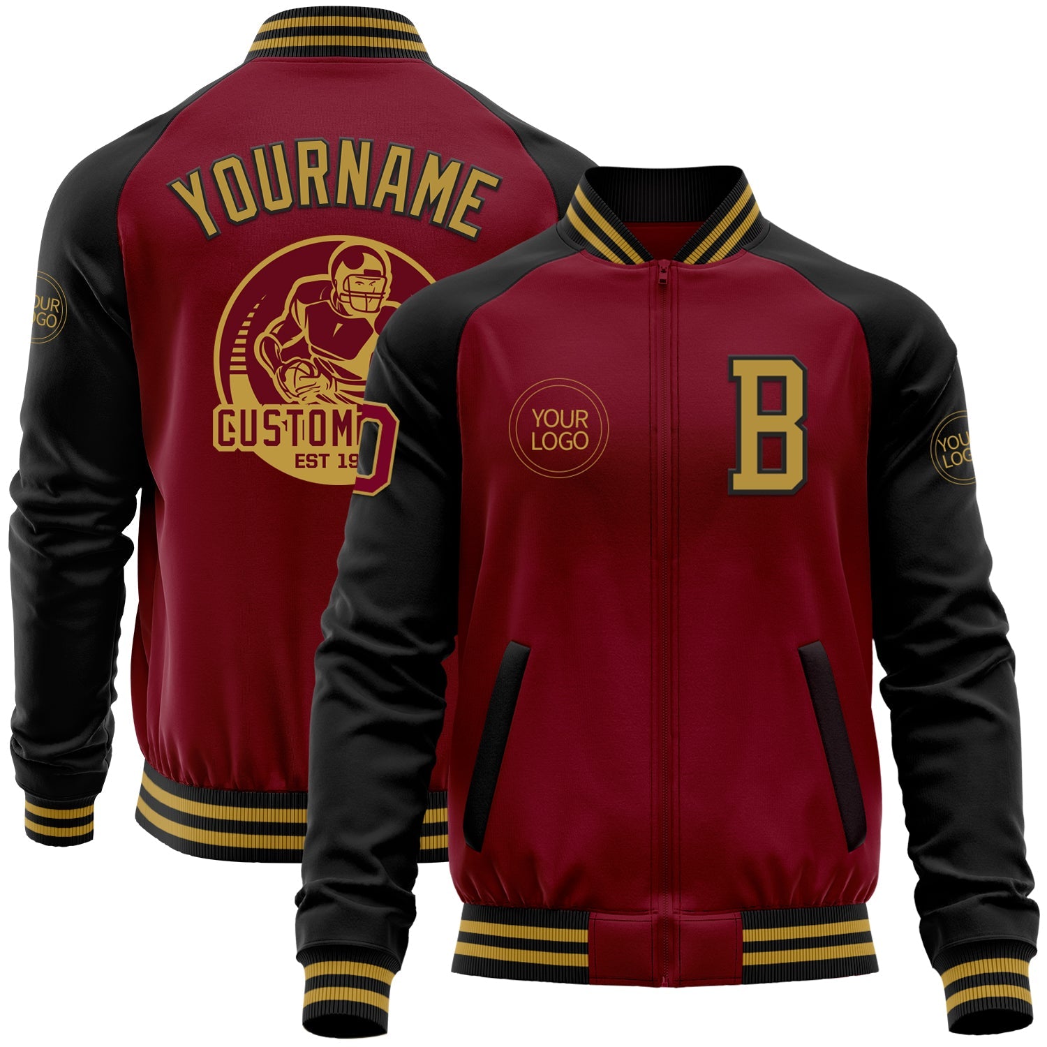 Custom Crimson Old Gold-Black Bomber Varsity Letterman Two Tone Zipper Jacket - Main View