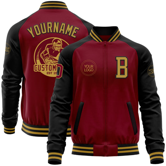 Custom Crimson Old Gold-Black Bomber Varsity Letterman Two Tone Zipper Jacket - Main View