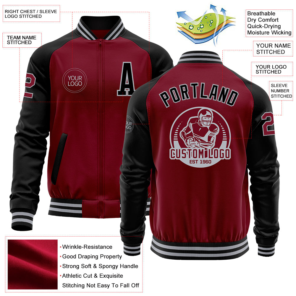 Custom Crimson Black-Gray Bomber Varsity Letterman Two Tone Zipper Jacket view 4