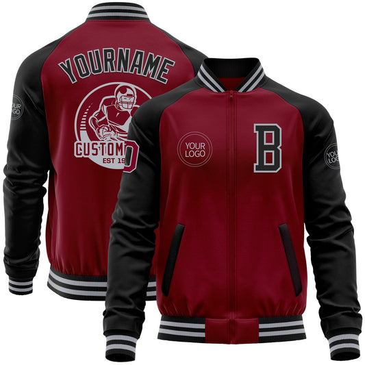Custom Crimson Black-Gray Bomber Varsity Letterman Two Tone Zipper Jacket - Main View
