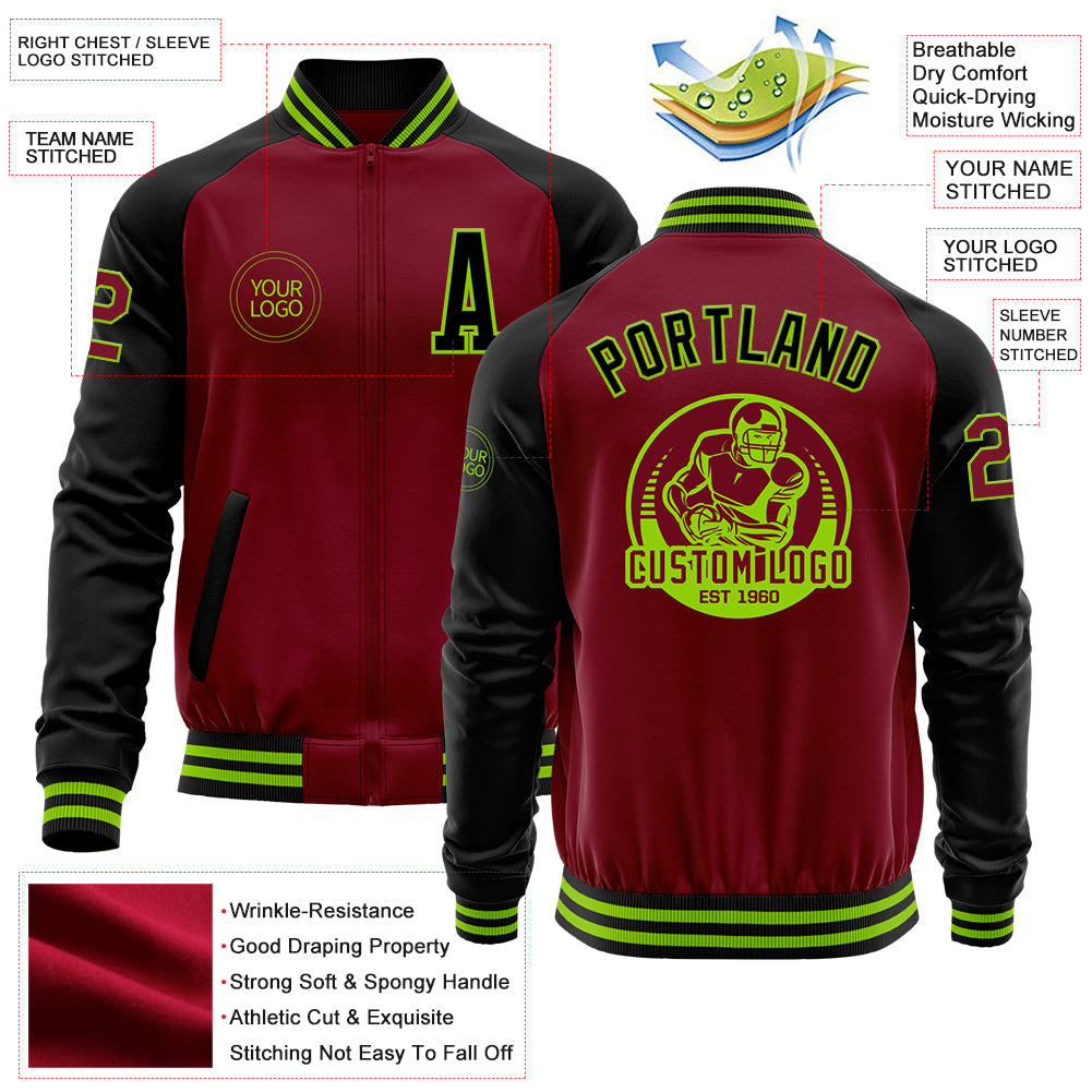 Custom Crimson Black-Neon Green Bomber Varsity Letterman Two Tone Zipper Jacket view 4