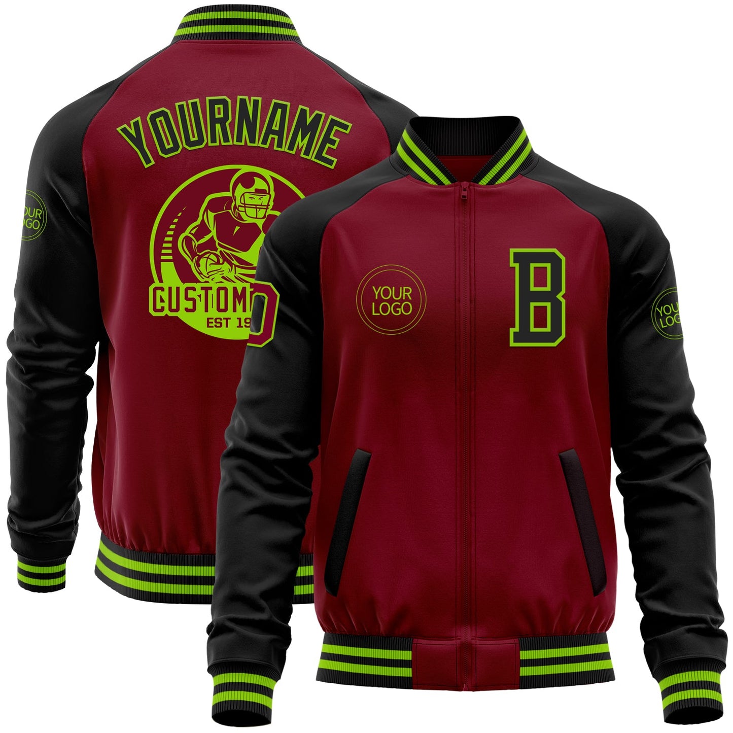 Custom Crimson Black-Neon Green Bomber Varsity Letterman Two Tone Zipper Jacket - Main View