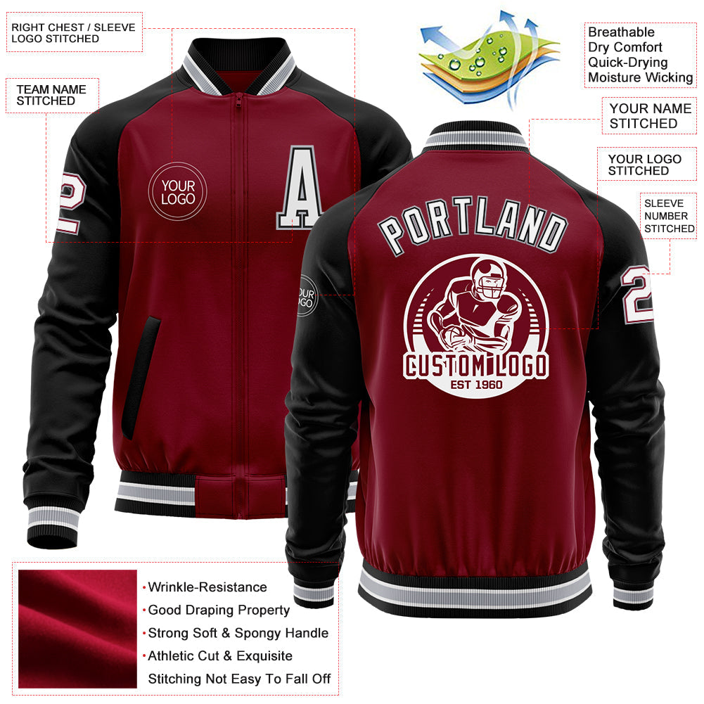 Custom Crimson Black-Gray Bomber Varsity Letterman Two Tone Zipper Jacket view 4